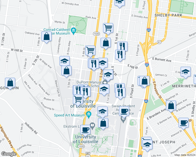 map of restaurants, bars, coffee shops, grocery stores, and more near 208 West Lee Street in Louisville