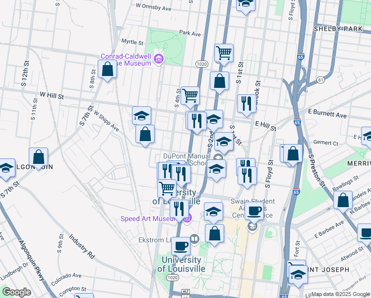 map of restaurants, bars, coffee shops, grocery stores, and more near 1704 South 3rd Street in Louisville