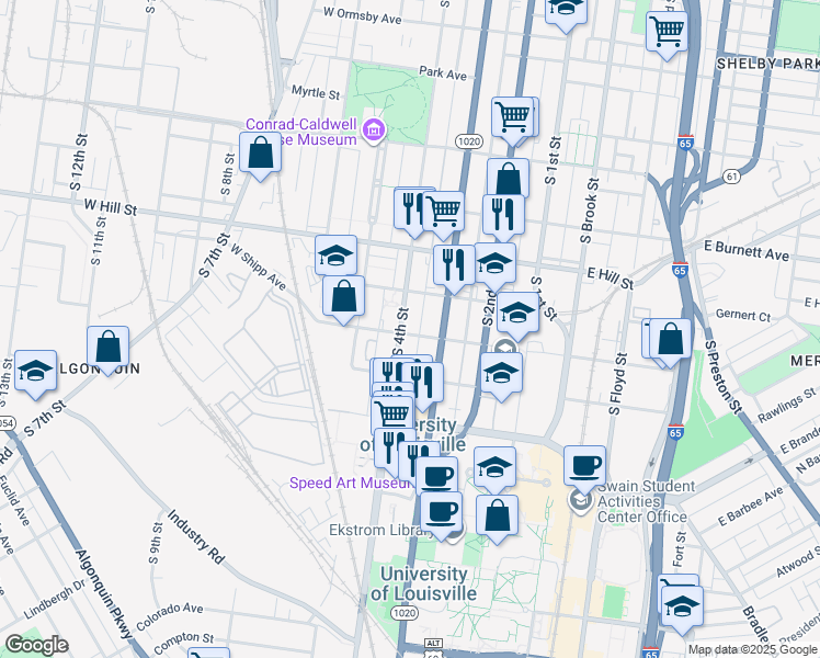 map of restaurants, bars, coffee shops, grocery stores, and more near 1712 South 4th Street in Louisville