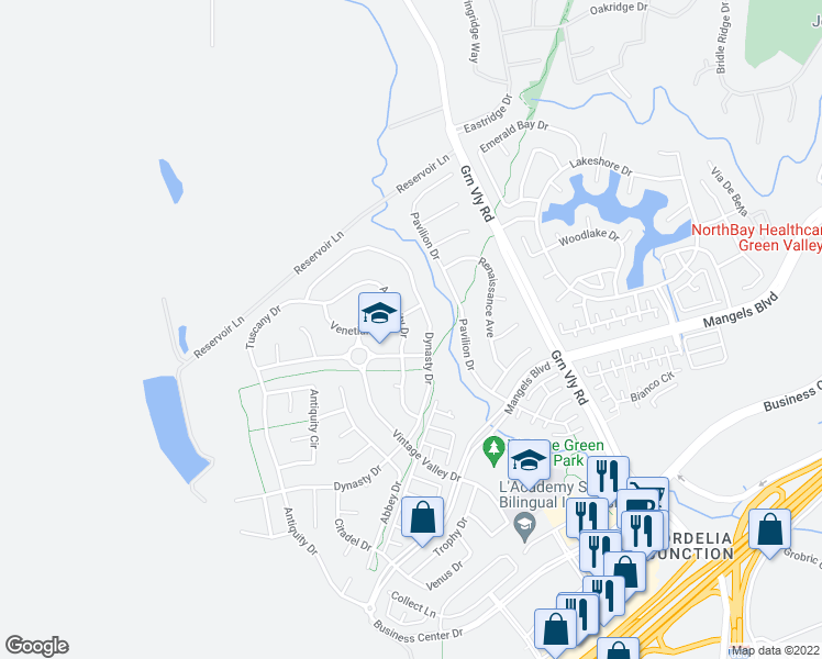 map of restaurants, bars, coffee shops, grocery stores, and more near 688 Antiquity Drive in Fairfield