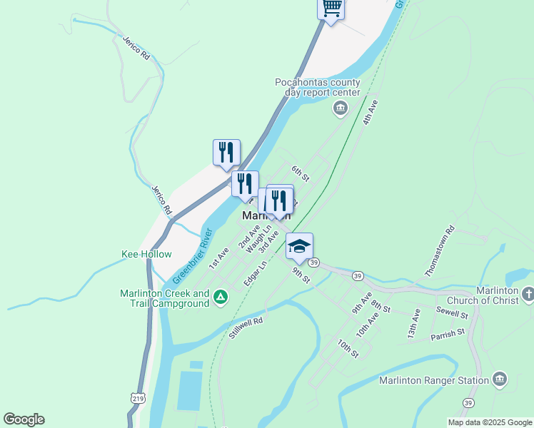 map of restaurants, bars, coffee shops, grocery stores, and more near 200 Sycamore Street in Elkins