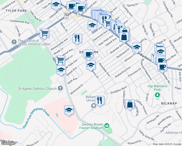 map of restaurants, bars, coffee shops, grocery stores, and more near 1700 Norris Place in Louisville