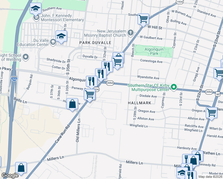 map of restaurants, bars, coffee shops, grocery stores, and more near 3012 Penway Avenue in Louisville