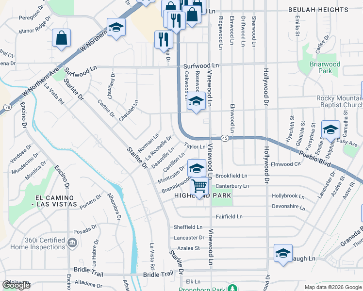 map of restaurants, bars, coffee shops, grocery stores, and more near 111 Carrillon Lane in Pueblo