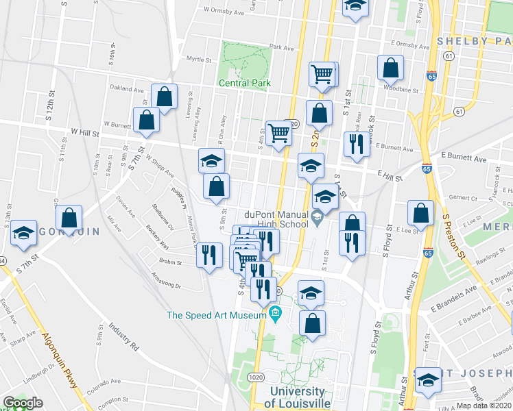 map of restaurants, bars, coffee shops, grocery stores, and more near 1629 South 4th Street in Louisville