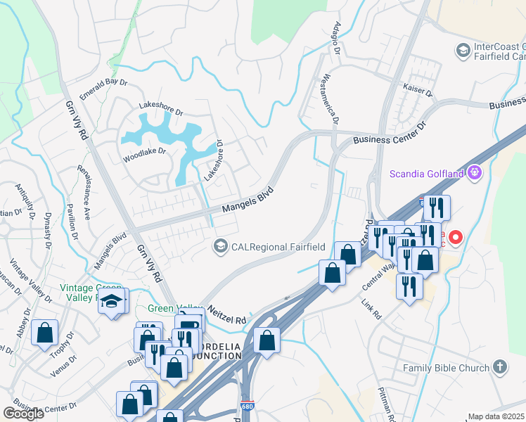 map of restaurants, bars, coffee shops, grocery stores, and more near 4625 Mangels Boulevard in Fairfield