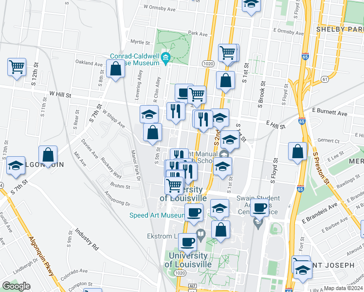 map of restaurants, bars, coffee shops, grocery stores, and more near 1712 South 4th Street in Louisville