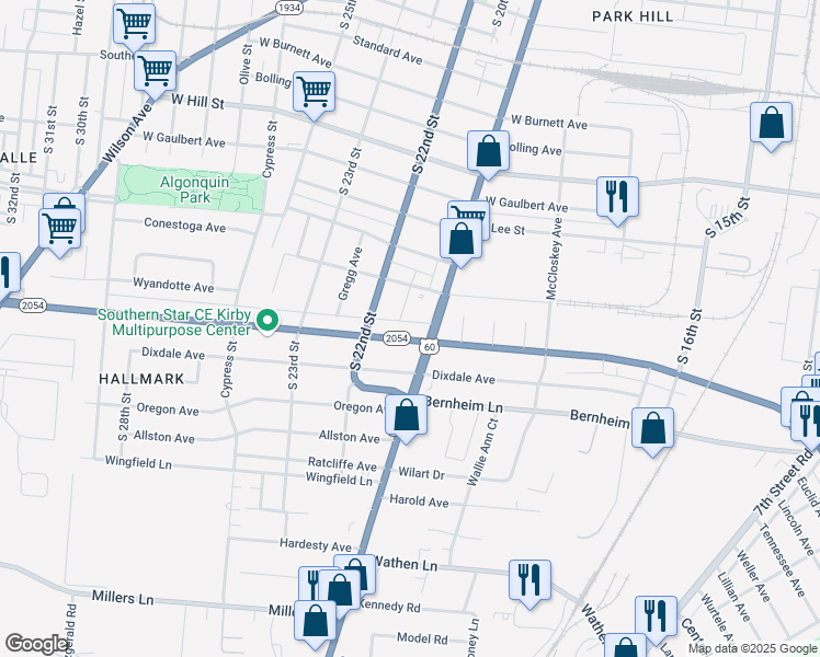 map of restaurants, bars, coffee shops, grocery stores, and more near 1824 Algonquin Parkway in Louisville