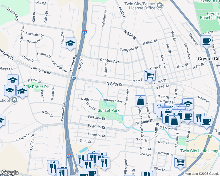 map of restaurants, bars, coffee shops, grocery stores, and more near 407 Fairview Avenue in Festus