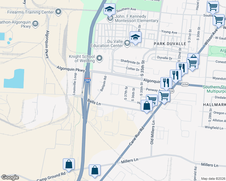 map of restaurants, bars, coffee shops, grocery stores, and more near 3741 Penway Avenue in Louisville