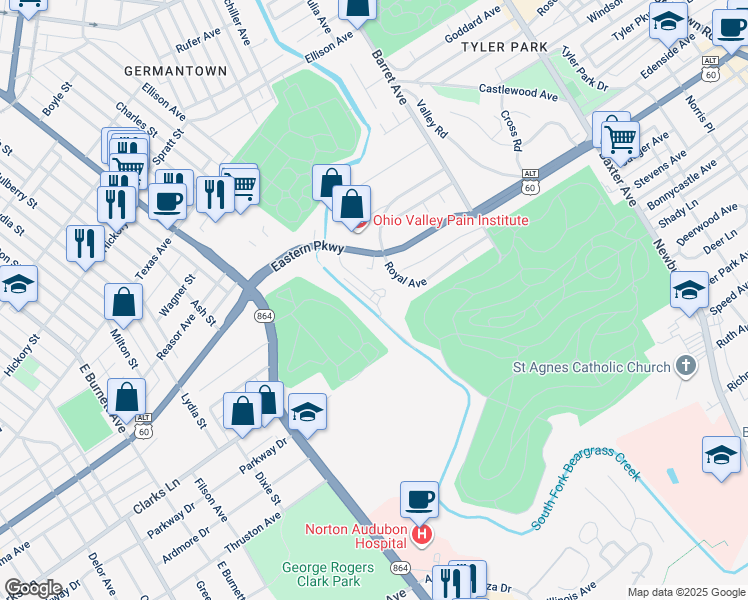 map of restaurants, bars, coffee shops, grocery stores, and more near 1172 Castlevale Drive in Louisville