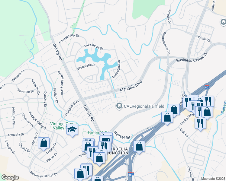 map of restaurants, bars, coffee shops, grocery stores, and more near Mangels Boulevard & Southlake Drive in Fairfield