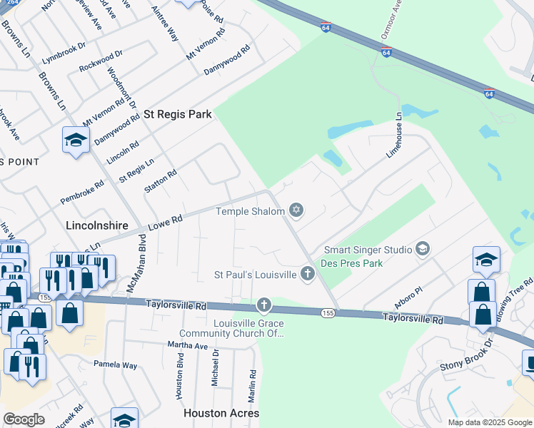 map of restaurants, bars, coffee shops, grocery stores, and more near 4604 Lowe Road in Louisville