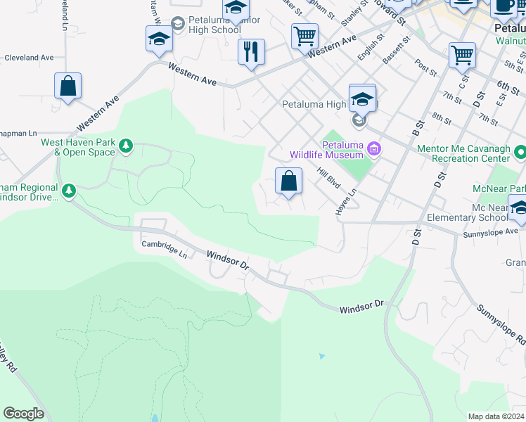 map of restaurants, bars, coffee shops, grocery stores, and more near 44 La Cresta Drive in Petaluma