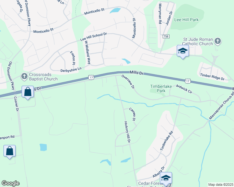 map of restaurants, bars, coffee shops, grocery stores, and more near 9610 Hickory Hill Drive in Fredericksburg