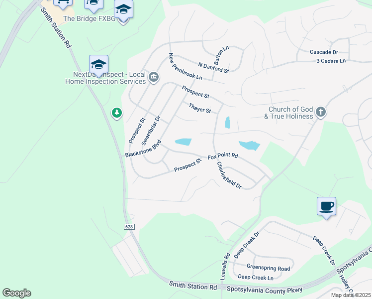 map of restaurants, bars, coffee shops, grocery stores, and more near 6115 Fox Point Road in Fredericksburg