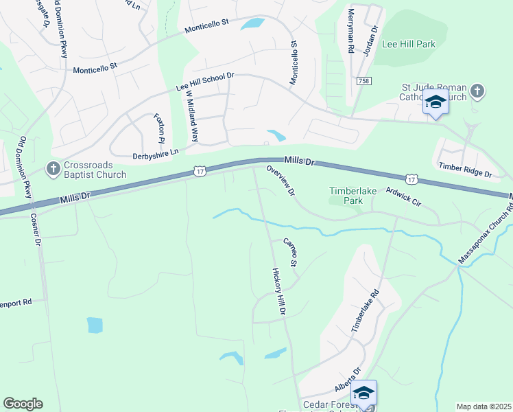 map of restaurants, bars, coffee shops, grocery stores, and more near 9610 Hickory Hill Drive in Fredericksburg