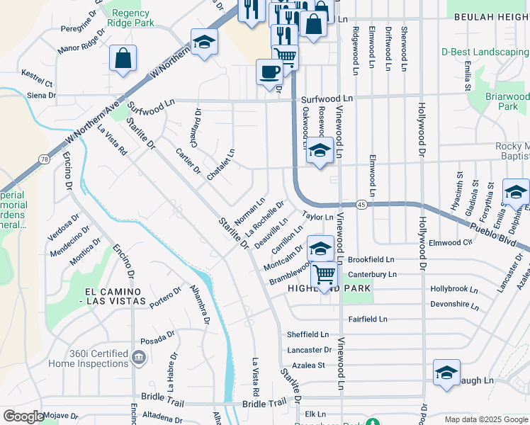 map of restaurants, bars, coffee shops, grocery stores, and more near 115 La Rochelle Drive in Pueblo
