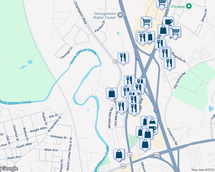 map of restaurants, bars, coffee shops, grocery stores, and more near Myers Drive in Georgetown