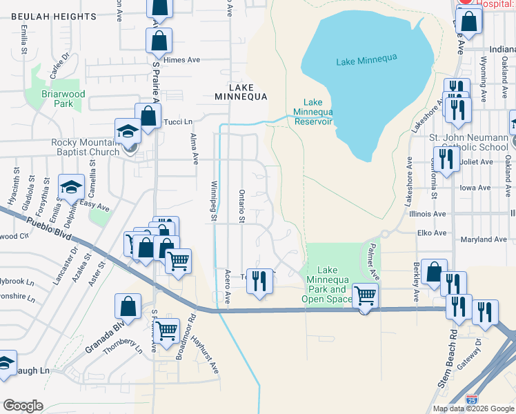 map of restaurants, bars, coffee shops, grocery stores, and more near 2624 Mirror Place in Pueblo