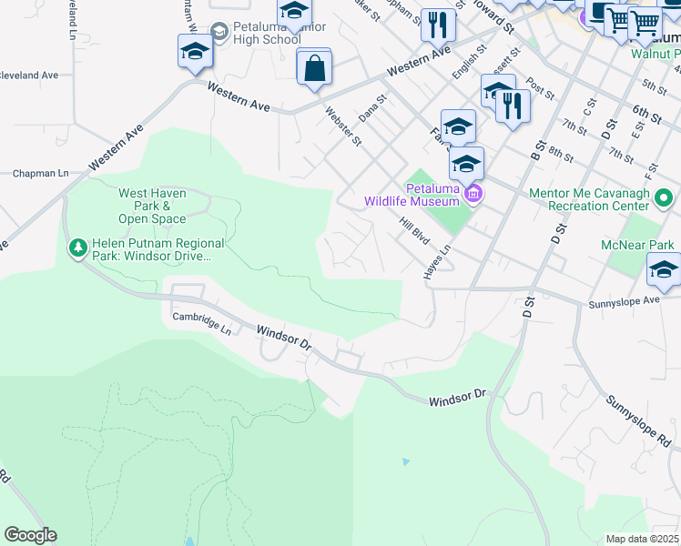 map of restaurants, bars, coffee shops, grocery stores, and more near 44 La Cresta Drive in Petaluma