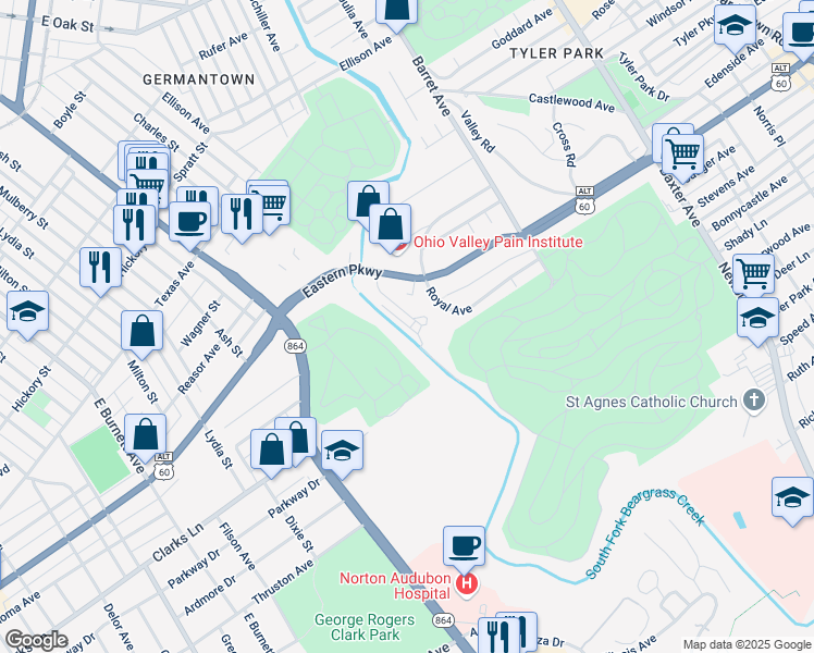 map of restaurants, bars, coffee shops, grocery stores, and more near 1172 Castlevale Drive in Louisville