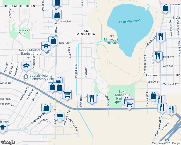 map of restaurants, bars, coffee shops, grocery stores, and more near 2607 Mirror Place in Pueblo