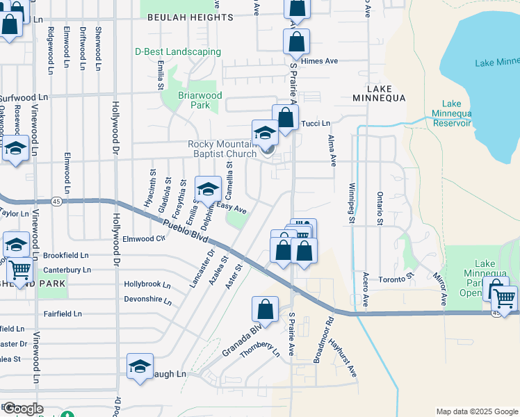 map of restaurants, bars, coffee shops, grocery stores, and more near 2701 Aster Street in Pueblo