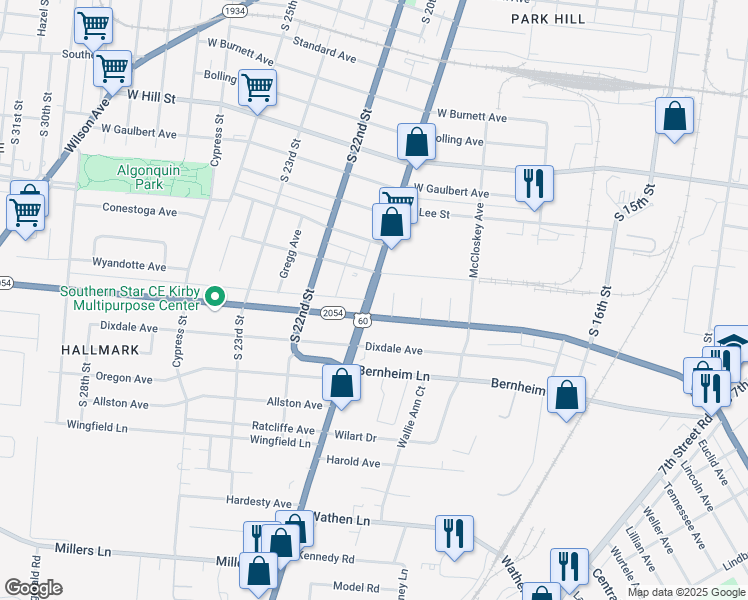 map of restaurants, bars, coffee shops, grocery stores, and more near 1827 Dixie Highway in Louisville