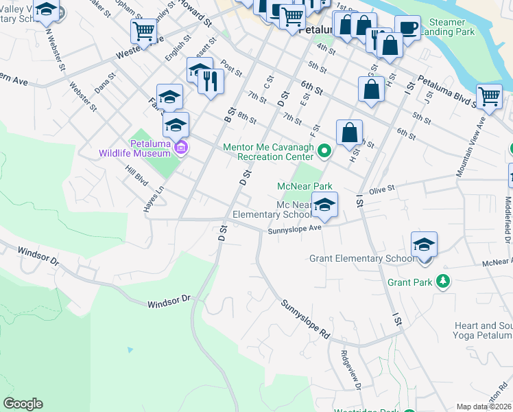 map of restaurants, bars, coffee shops, grocery stores, and more near 315 11th Street in Petaluma