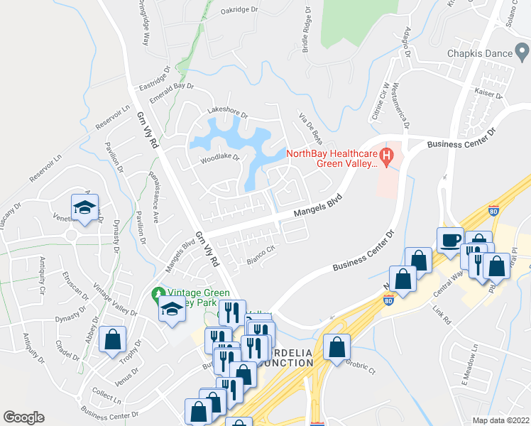 map of restaurants, bars, coffee shops, grocery stores, and more near 514 Frogs Leap Court in Fairfield