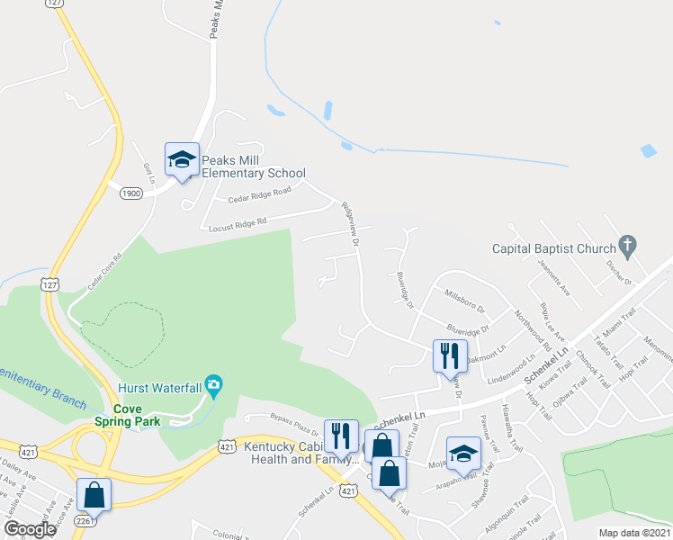 map of restaurants, bars, coffee shops, grocery stores, and more near 1 Ashwood Court in Frankfort