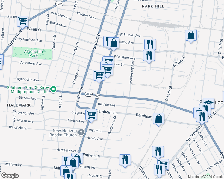 map of restaurants, bars, coffee shops, grocery stores, and more near 1901-1903 Magellan Court in Louisville