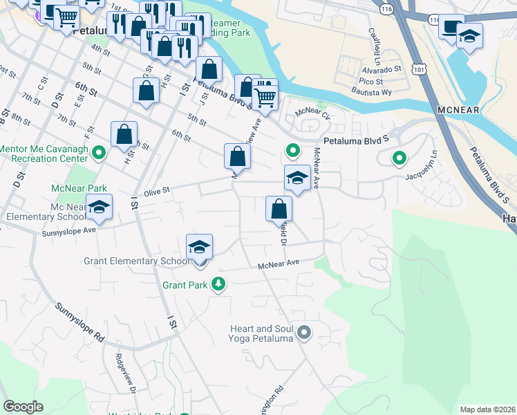 map of restaurants, bars, coffee shops, grocery stores, and more near 23 Meadowglen Drive in Petaluma