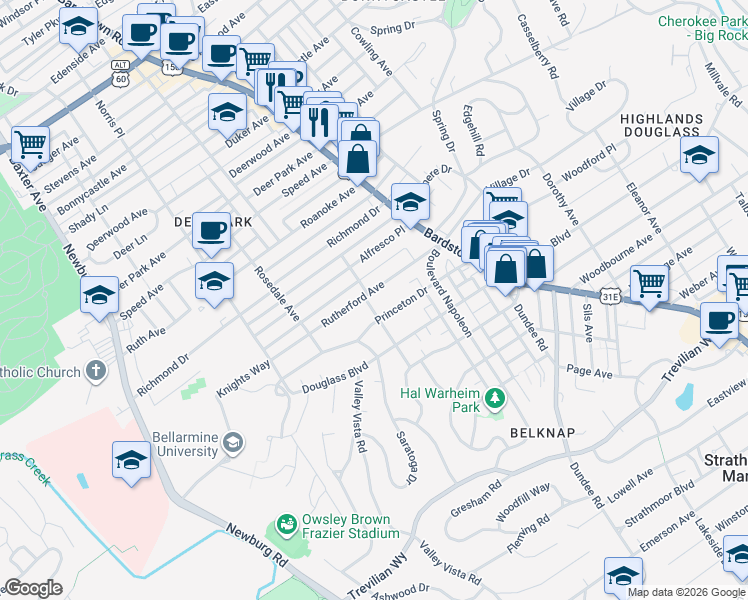 map of restaurants, bars, coffee shops, grocery stores, and more near 1913 Rutherford Avenue in Louisville