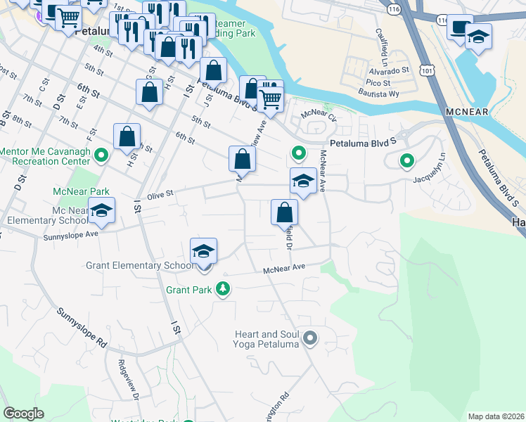 map of restaurants, bars, coffee shops, grocery stores, and more near 23 Meadowglen Drive in Petaluma