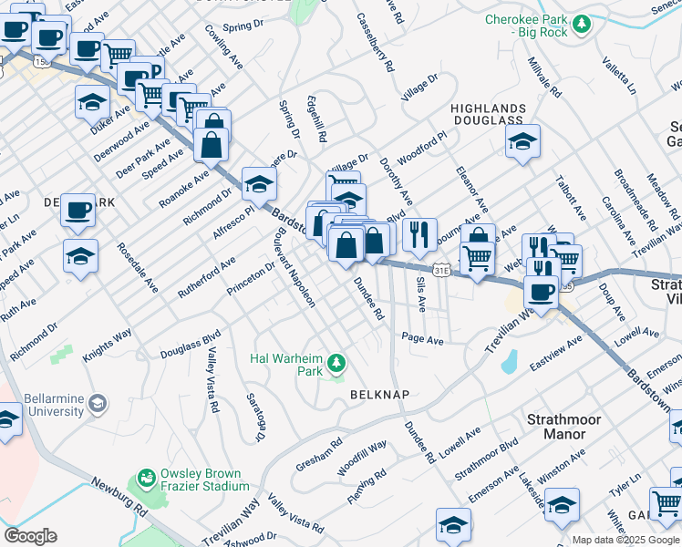 map of restaurants, bars, coffee shops, grocery stores, and more near 2214 Dundee Road in Louisville