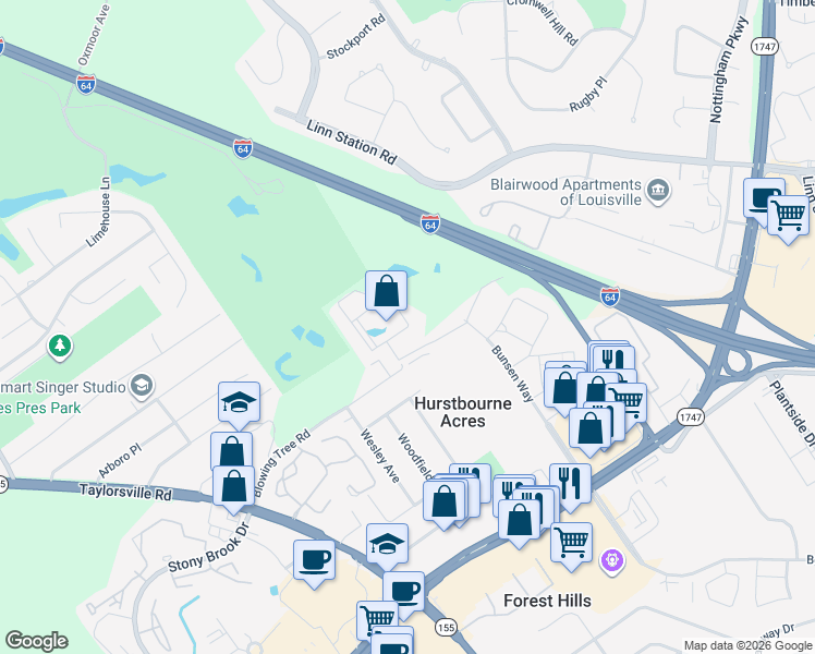 map of restaurants, bars, coffee shops, grocery stores, and more near Integrity Way in Louisville