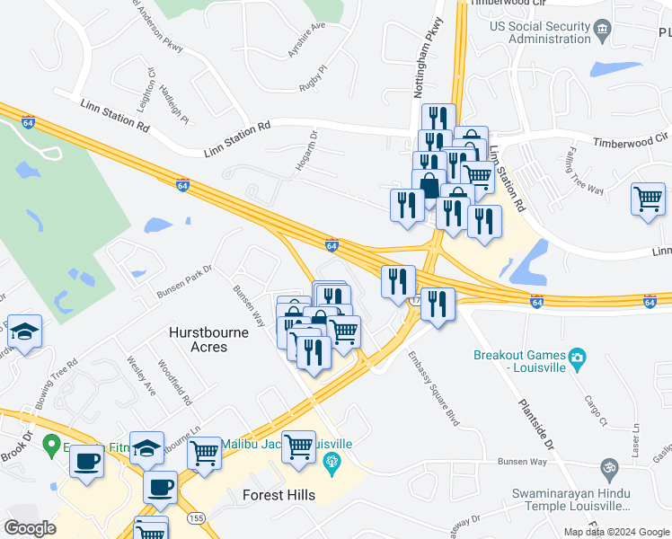 map of restaurants, bars, coffee shops, grocery stores, and more near 9401 Doral Court in Louisville
