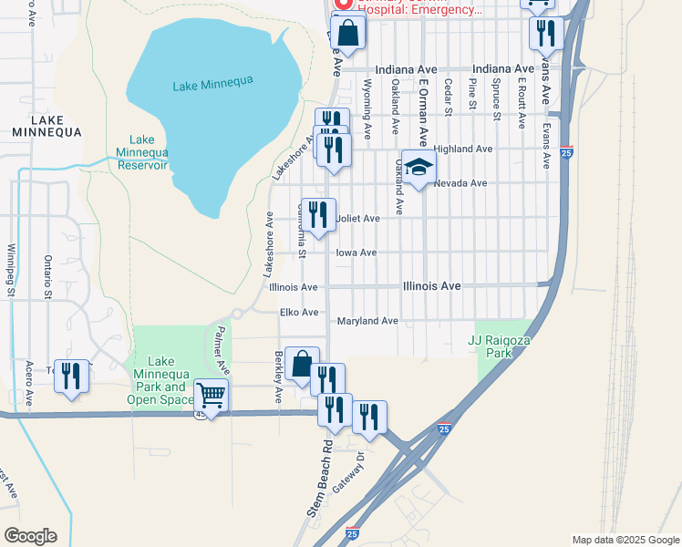 map of restaurants, bars, coffee shops, grocery stores, and more near 2600 Lake Avenue in Pueblo