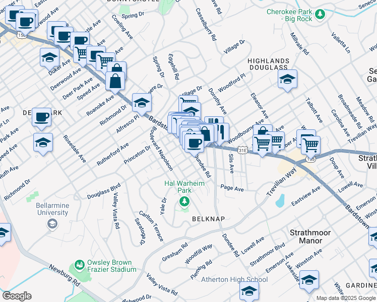 map of restaurants, bars, coffee shops, grocery stores, and more near 2214 Dundee Road in Louisville
