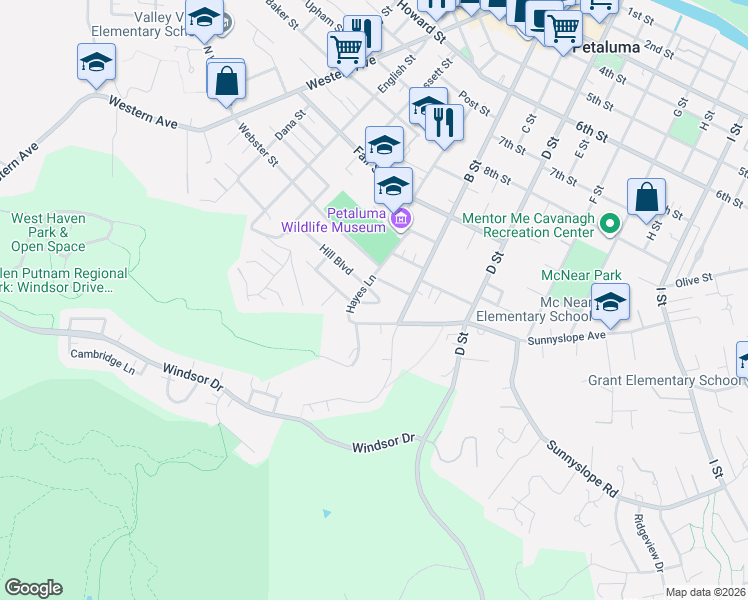 map of restaurants, bars, coffee shops, grocery stores, and more near 20 Pearce Street in Petaluma
