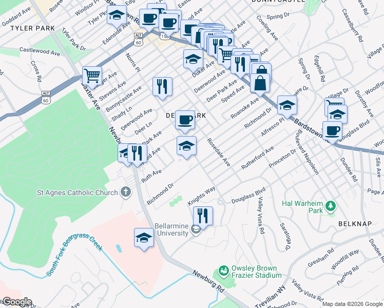 map of restaurants, bars, coffee shops, grocery stores, and more near 1700 Norris Place in Louisville