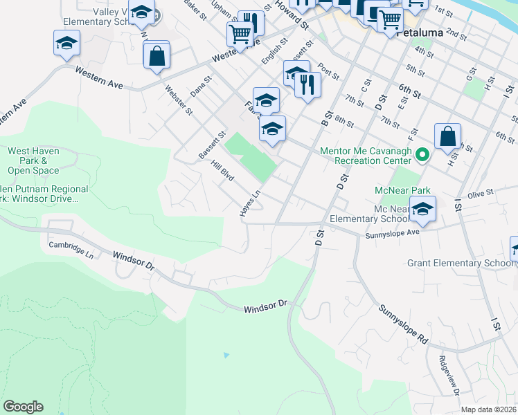 map of restaurants, bars, coffee shops, grocery stores, and more near 20 Pearce Street in Petaluma
