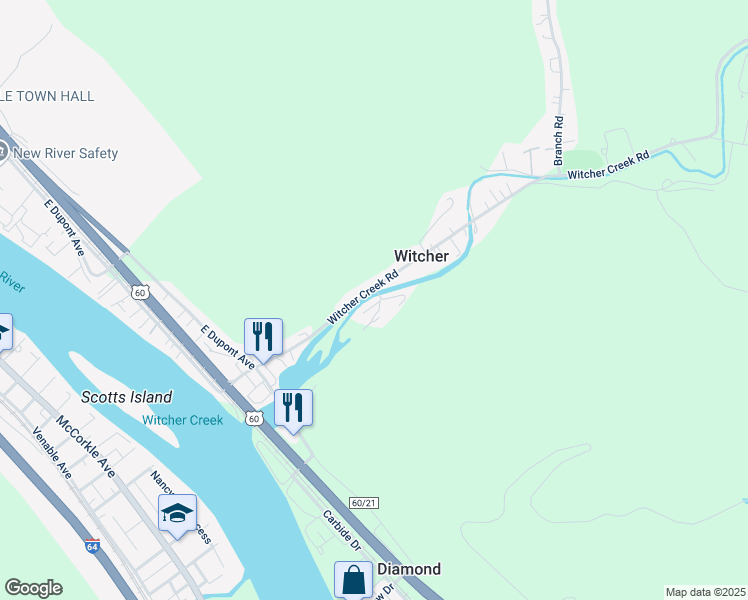 map of restaurants, bars, coffee shops, grocery stores, and more near 100 Witcher Creek Road in Belle