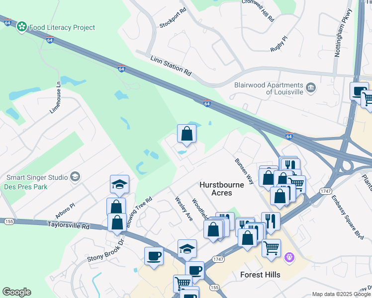 map of restaurants, bars, coffee shops, grocery stores, and more near 1901 Integrity Way in Louisville