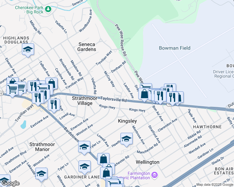 map of restaurants, bars, coffee shops, grocery stores, and more near 2628 McCoy Way in Louisville