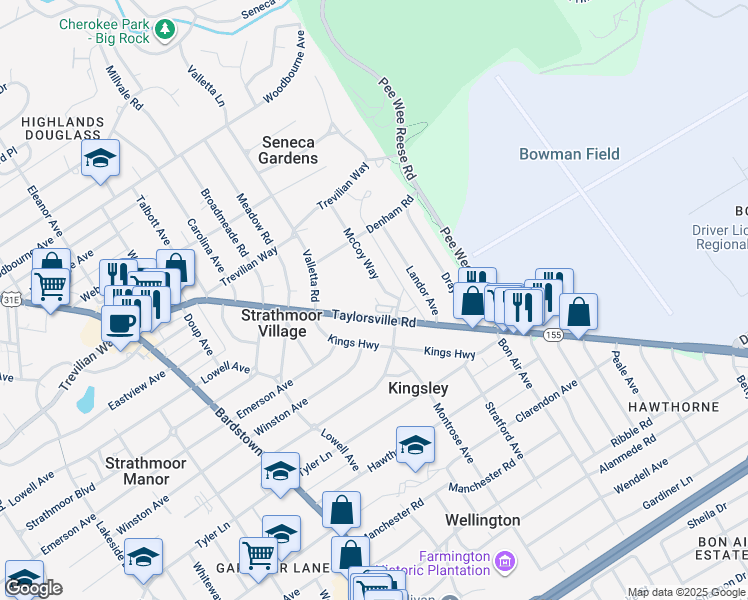 map of restaurants, bars, coffee shops, grocery stores, and more near 2628 McCoy Way in Louisville