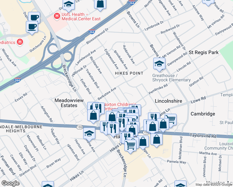 map of restaurants, bars, coffee shops, grocery stores, and more near 2901 Richland Avenue in Louisville
