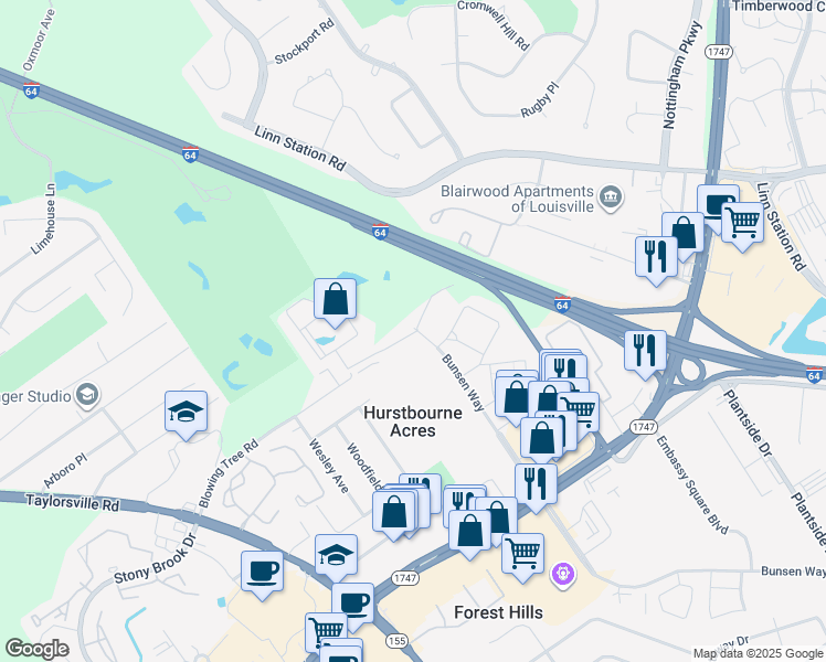 map of restaurants, bars, coffee shops, grocery stores, and more near 9202 Bunsen Way in Hurstbourne Acres